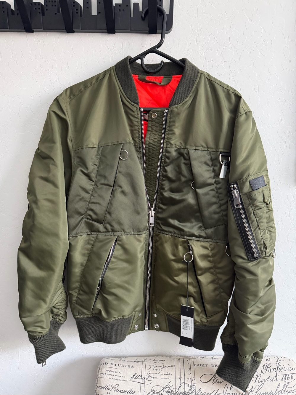 NWT Reversible Diesel Men's Olive Green Bomber Jacket  or bright Orange